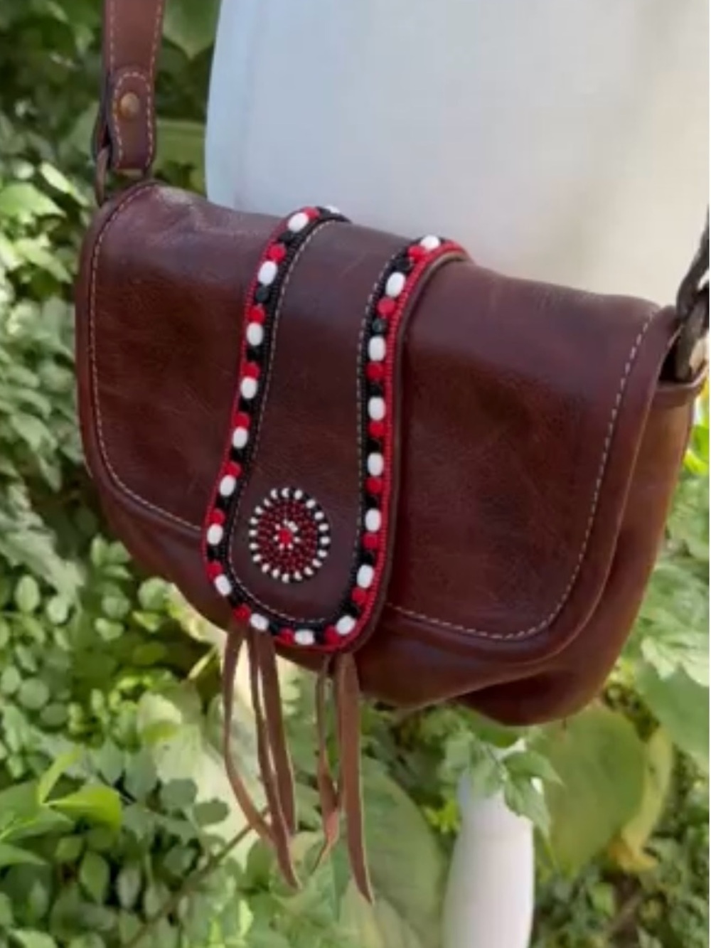 Pikolinos Boho Beaded Brown Leather Crossbody With Red/White/Black Beading